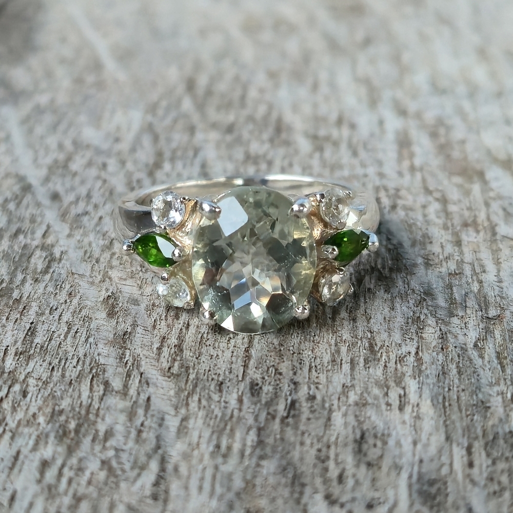 925 Sterling Silver Prasiolite Chrome Diopside White Topaz Designer Sz 9 Ring 💍 - Picture 2 of 16
